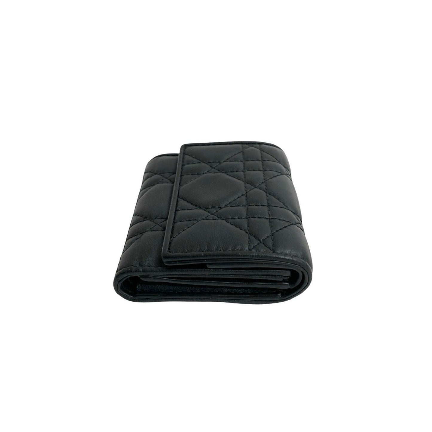 Christian Dior Lady Lotus Cannage Leather Tri-fold Wallet in Black 46865