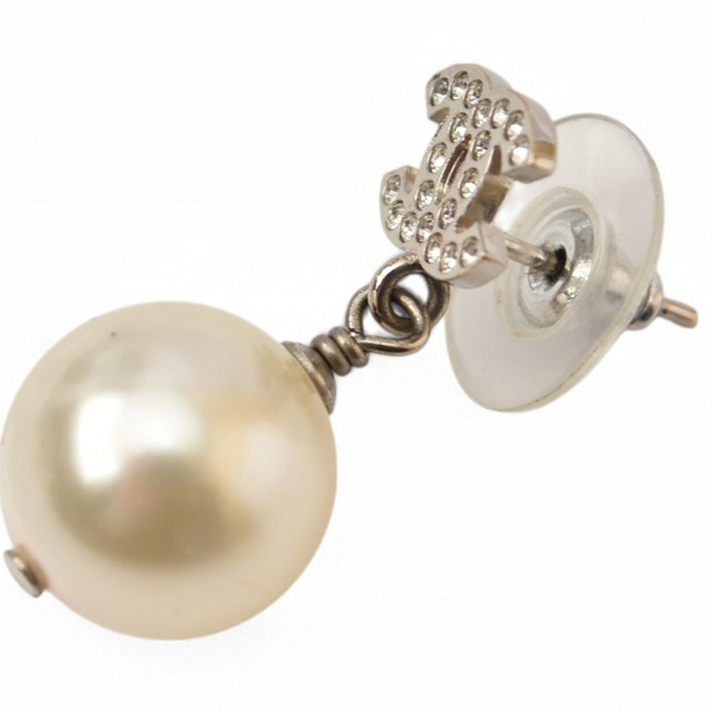 CHANEL Earrings Mini CC Motif Coco Mark Swing Pearl Silver White A20