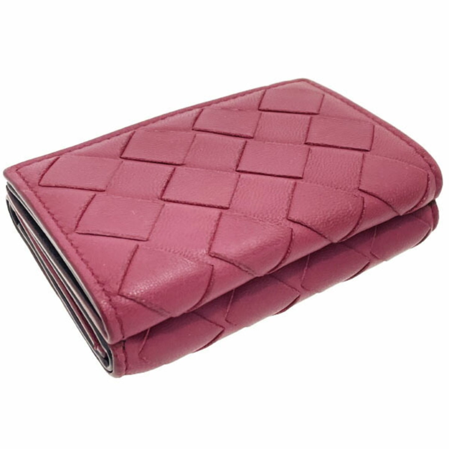 Bottega Veneta Intrecciato Tri-fold Wallet in Wine Red Leather with Mesh Tri-fold, Double Wallet, Compact Mini AYM-15789