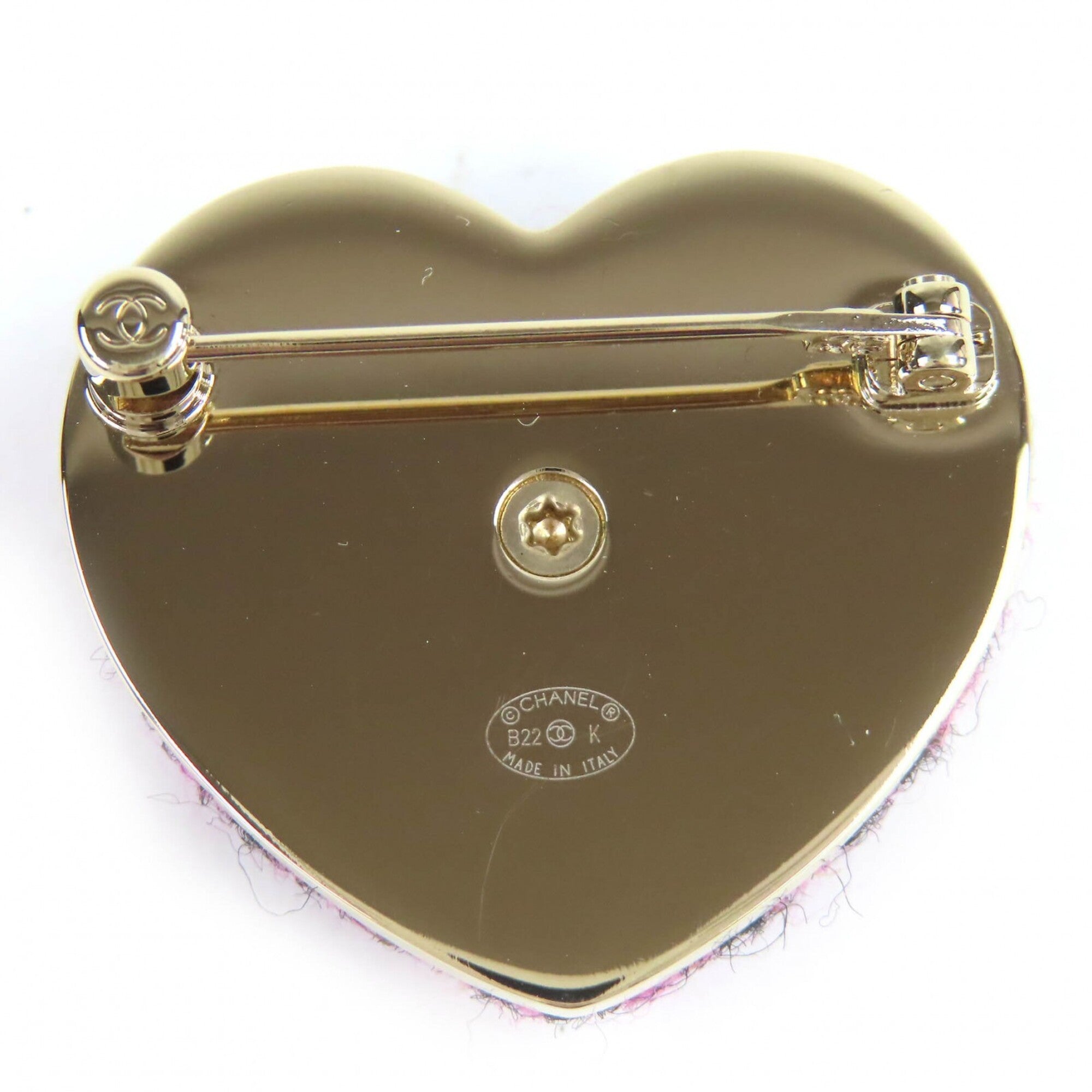 CHANEL B22K AB9496 Coco Mark Heart-Shaped Tweed Brooch, Pink, Black, Gold Hardware, with Box, Made in Italy, Women's, Very Popular, Highly Recommended ◎ — Like New