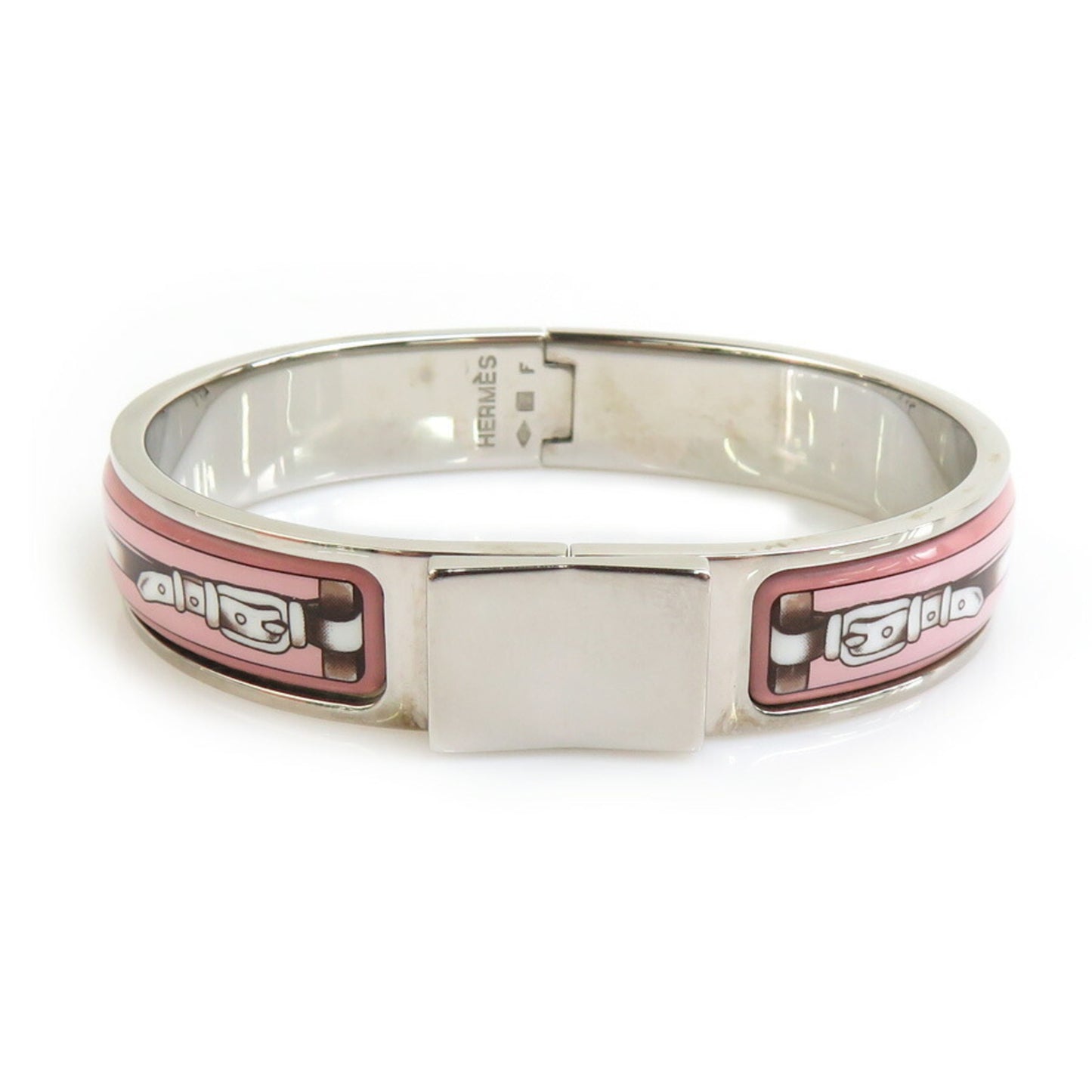 Hermes Hermès Click-Clack Metal Enamel Bangle Bracelet in Silver, Pink, and White for Women (e60864a)