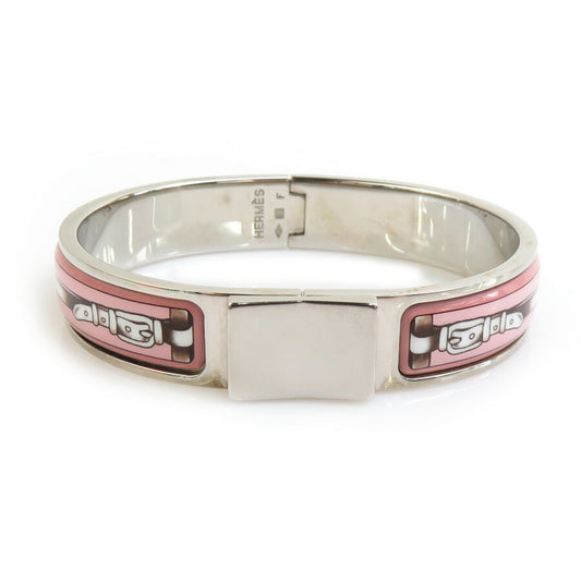 Hermes Hermès Click-Clack Metal Enamel Bangle Bracelet in Silver, Pink, and White for Women (e60864a)