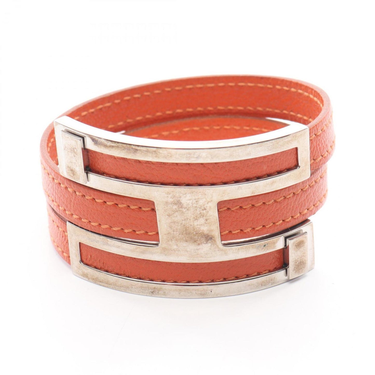 Hermes Hermès Puspus MM Bracelet, Stainless Steel, Chevre, Women's, Orange and Silver