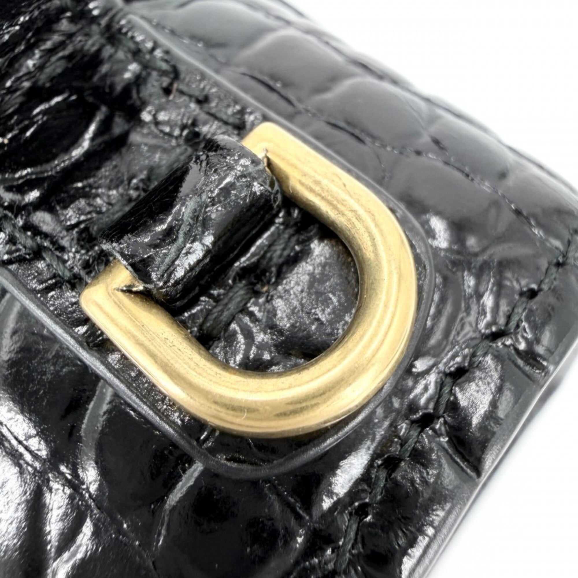 Balenciaga Women's Hourglass Small Handbag Shoulder Bag Crossbody HOURGLASS Crocodile Embossed Leather Top Handle BALENCIAGA 593546 Black Antique Gold Hardware — Like New