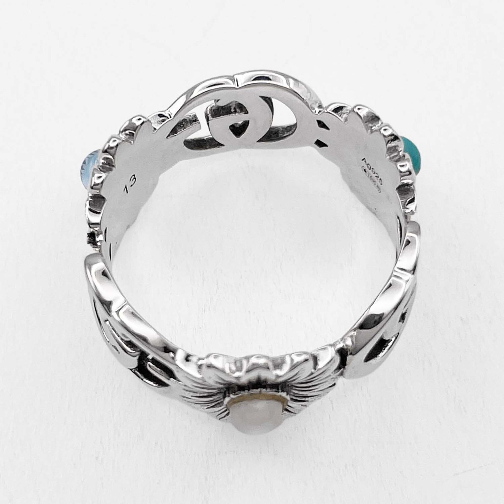 GUCCI Double G Flower Turquoise Mother-of-Pearl Ring, SV925, 13 7782, Silver, Men's/Women's — Like New