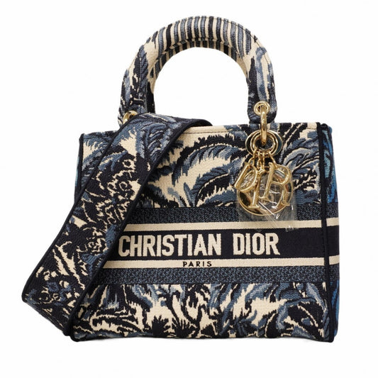 Christian Dior Lady D-Light Canvas Handbag in Blue, White, and Champagne. 2-Way Bag for Women.