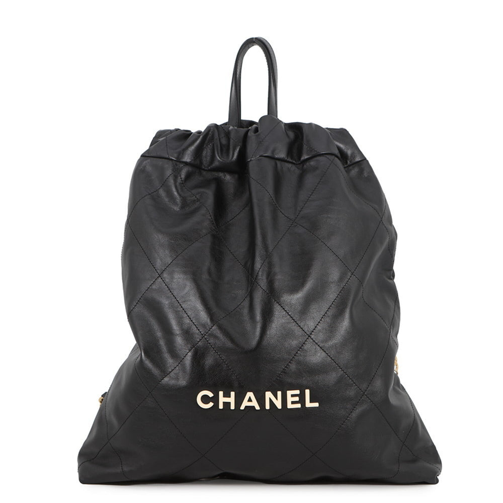 Chanel Backpack, 22 Large, Shiny Calf Leather AS3313, CHANEL Handbag, Black, Women's — Like New