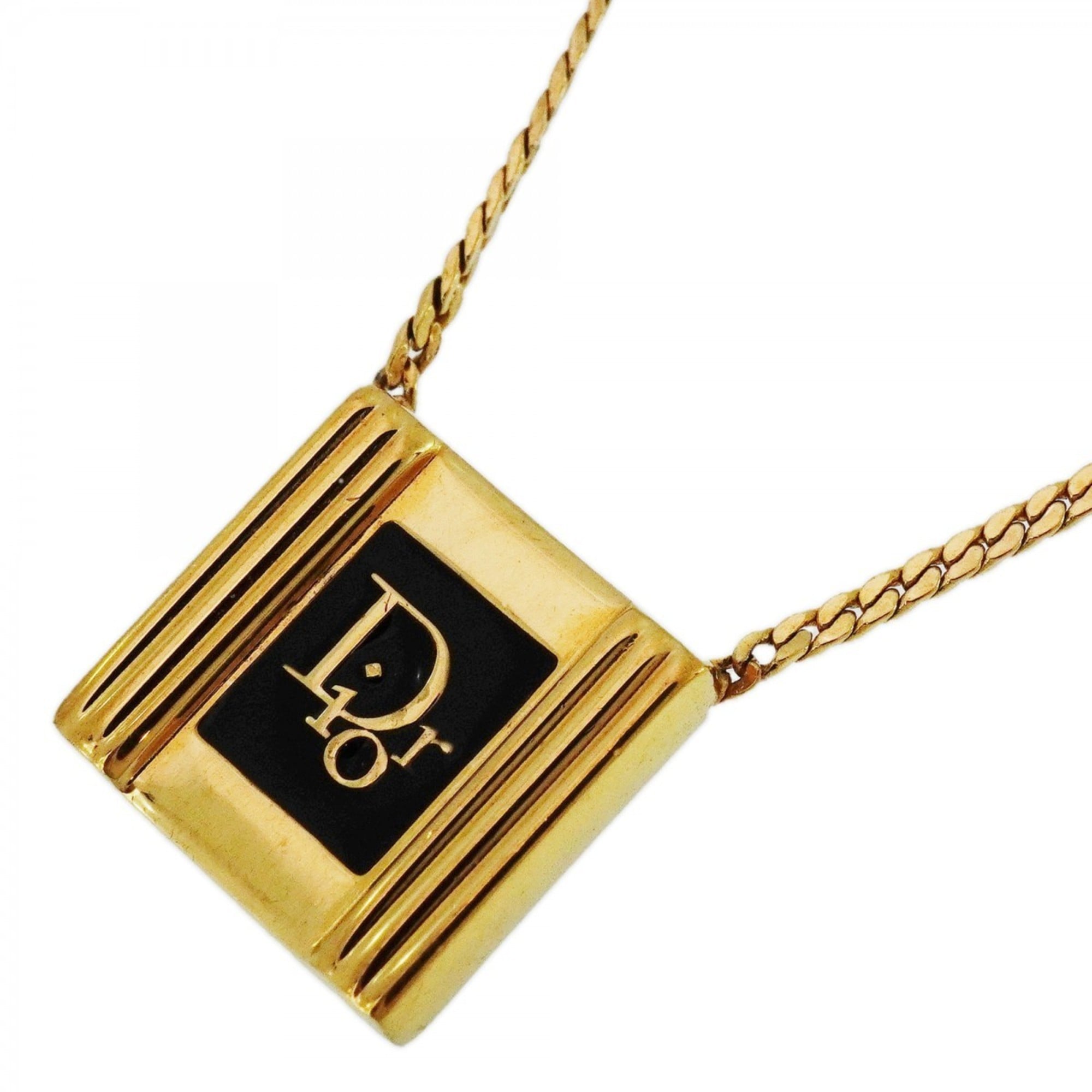 Christian Dior Square Necklace, GP Plated Gold, Black, Women's