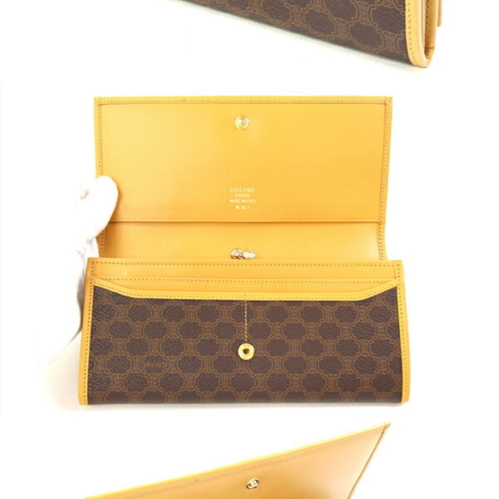 Celine bifold long wallet in macadam, dark brown, beige, PVC, and leather. Women's.