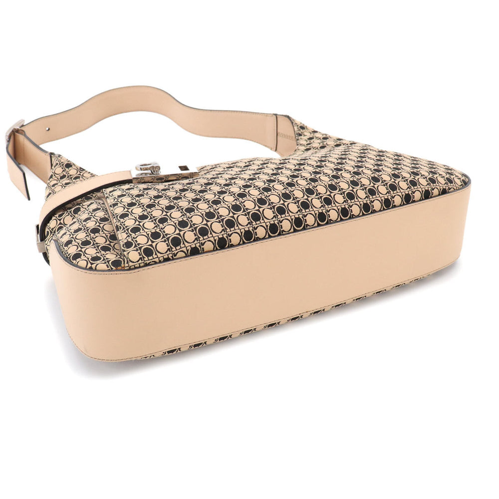 Salvatore Ferragamo Gancini Shoulder Handbag, Canvas and Leather, Beige Black, AQ-21 0201 Bag — Like New