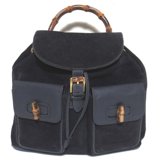 GUCCI Bamboo Line Suede and Leather Backpack, Navy, Women's