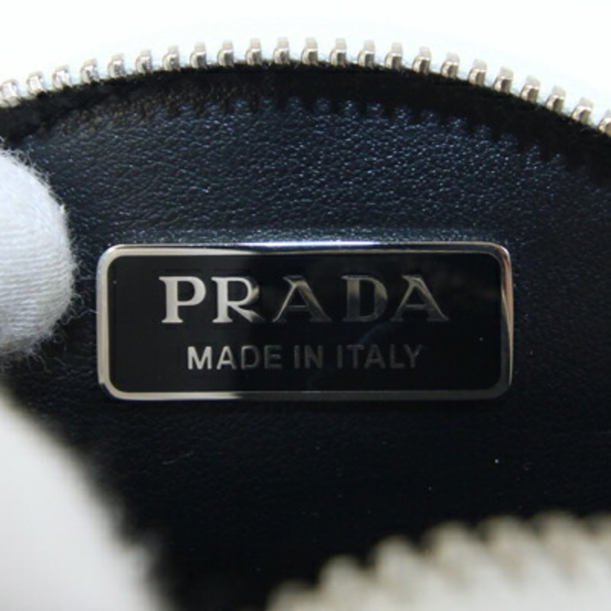 Prada Mini Pouch Wallet/Coin Case 1TL431 White Leather Coin Purse Accessory Bag Charm Round Keychain Triangle Plate PRADA | Handbag Attachment Carabiner — Like New