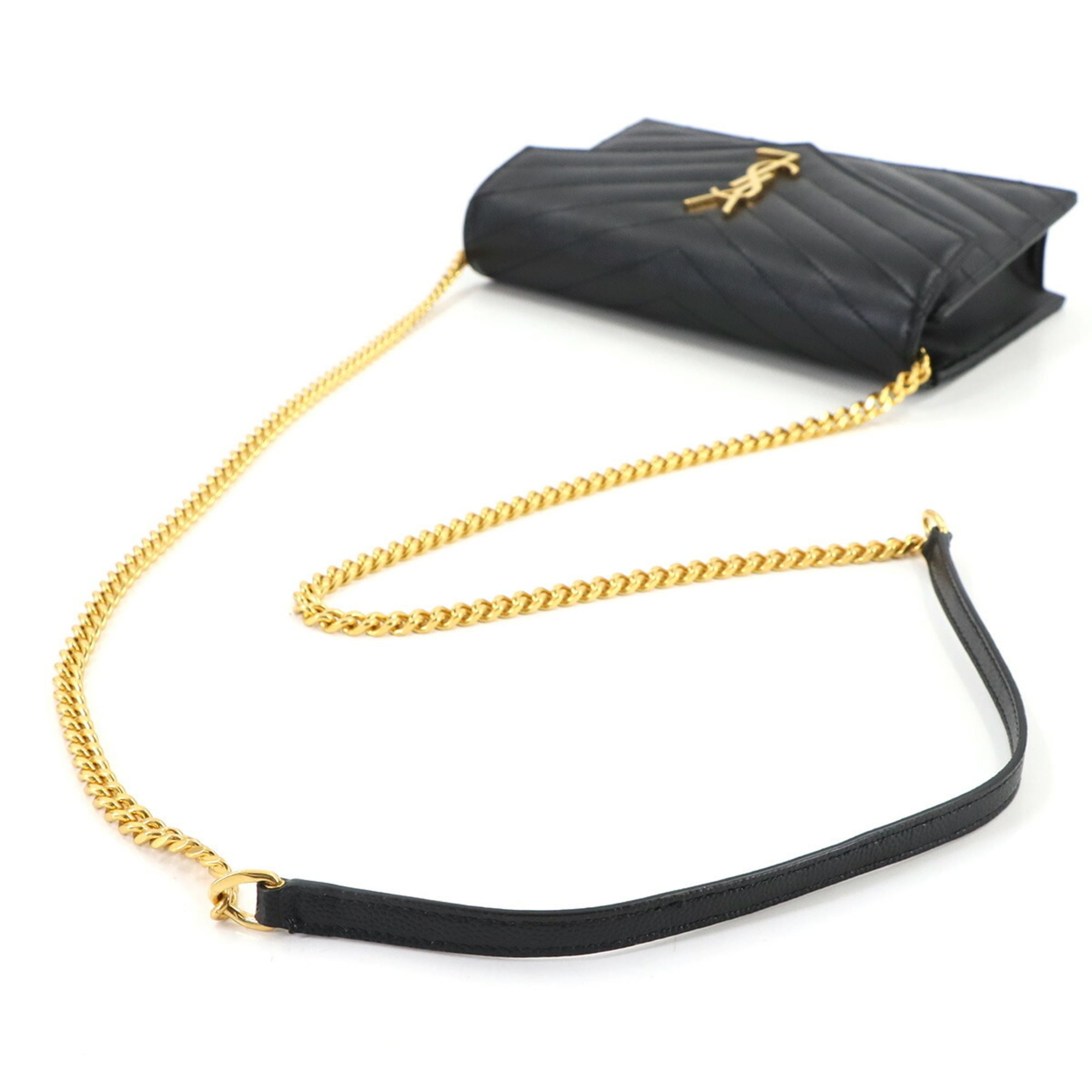 Saint Laurent Cassandre Envelope Chain Wallet, black leather with gold hardware (product number 742920).