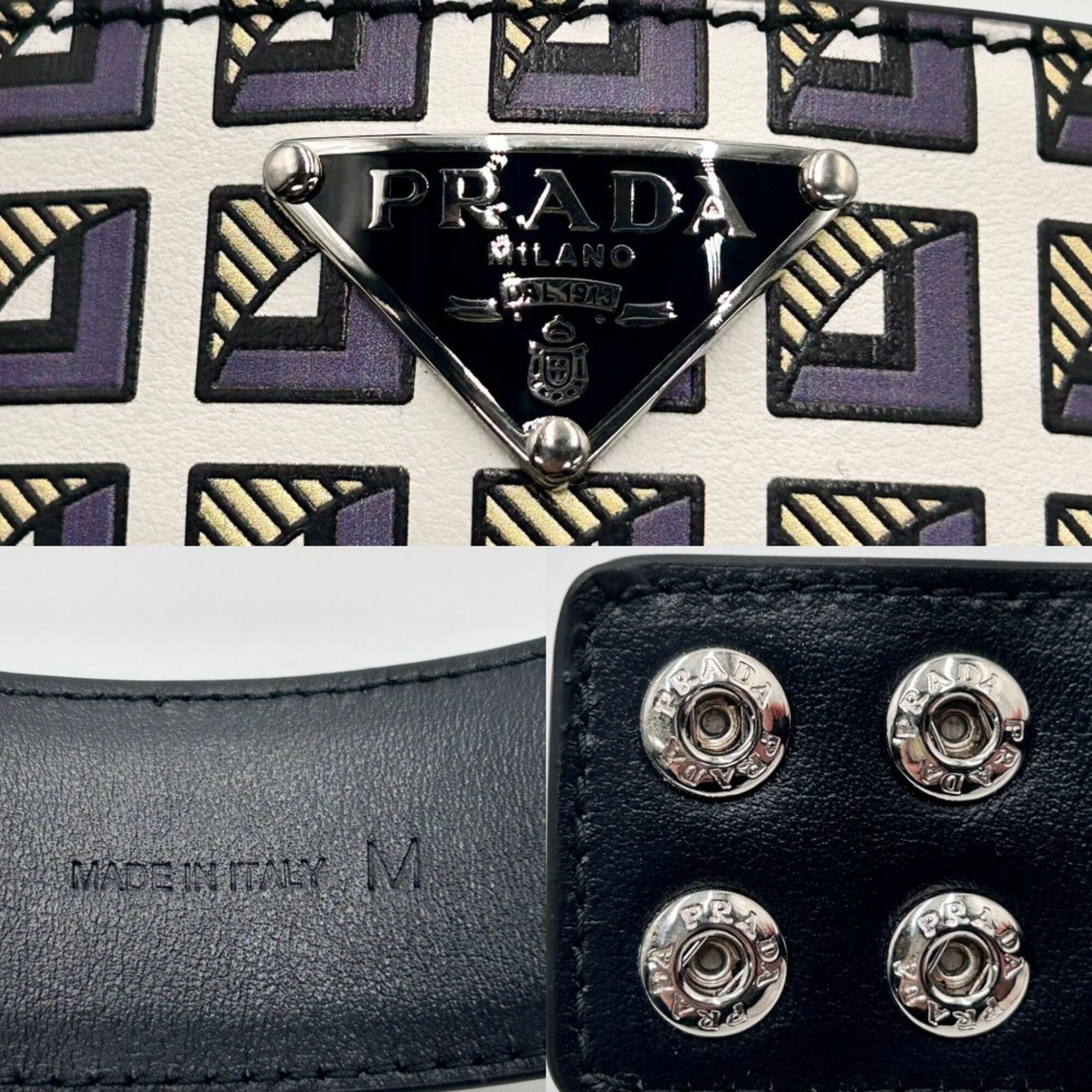 Prada choker for women, triangle logo accessory, PRADA leather, 2IC046, black, white, silver hardware — Like New
