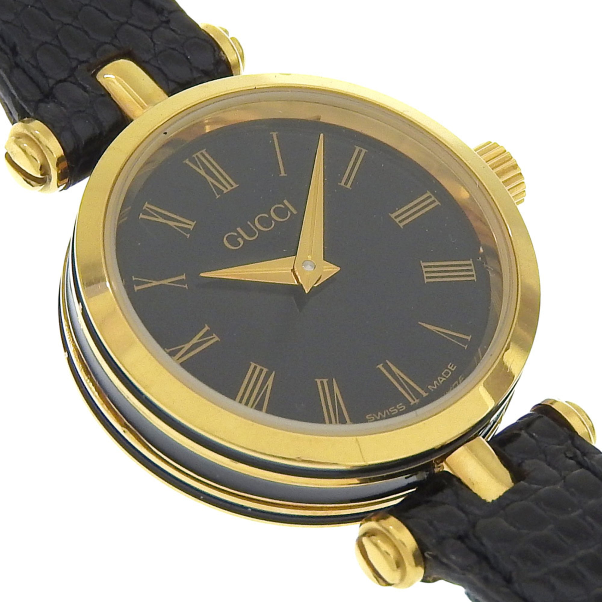 Gucci Sherry watch, gold-plated stainless steel, gold quartz, analog, black dial, women's — Very Good