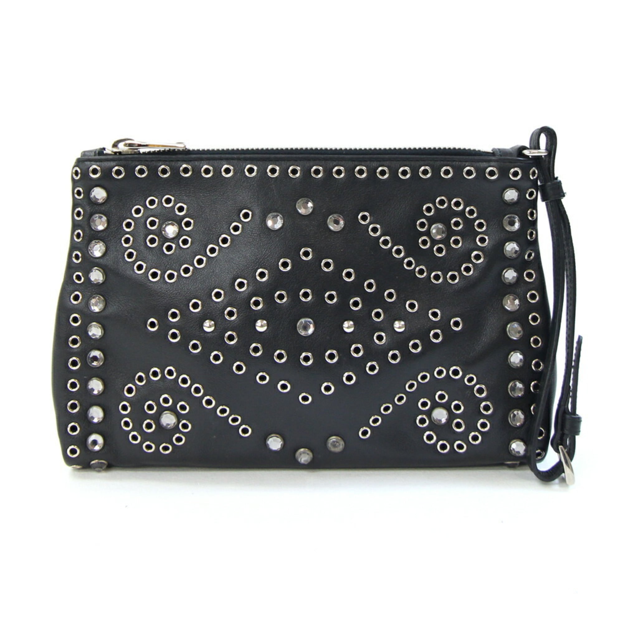 Prada Clutch Bag 1N1825 Black and Red Leather with Strap, Mini Pouch, Punching, Beads, Studs, Women's, PRADA