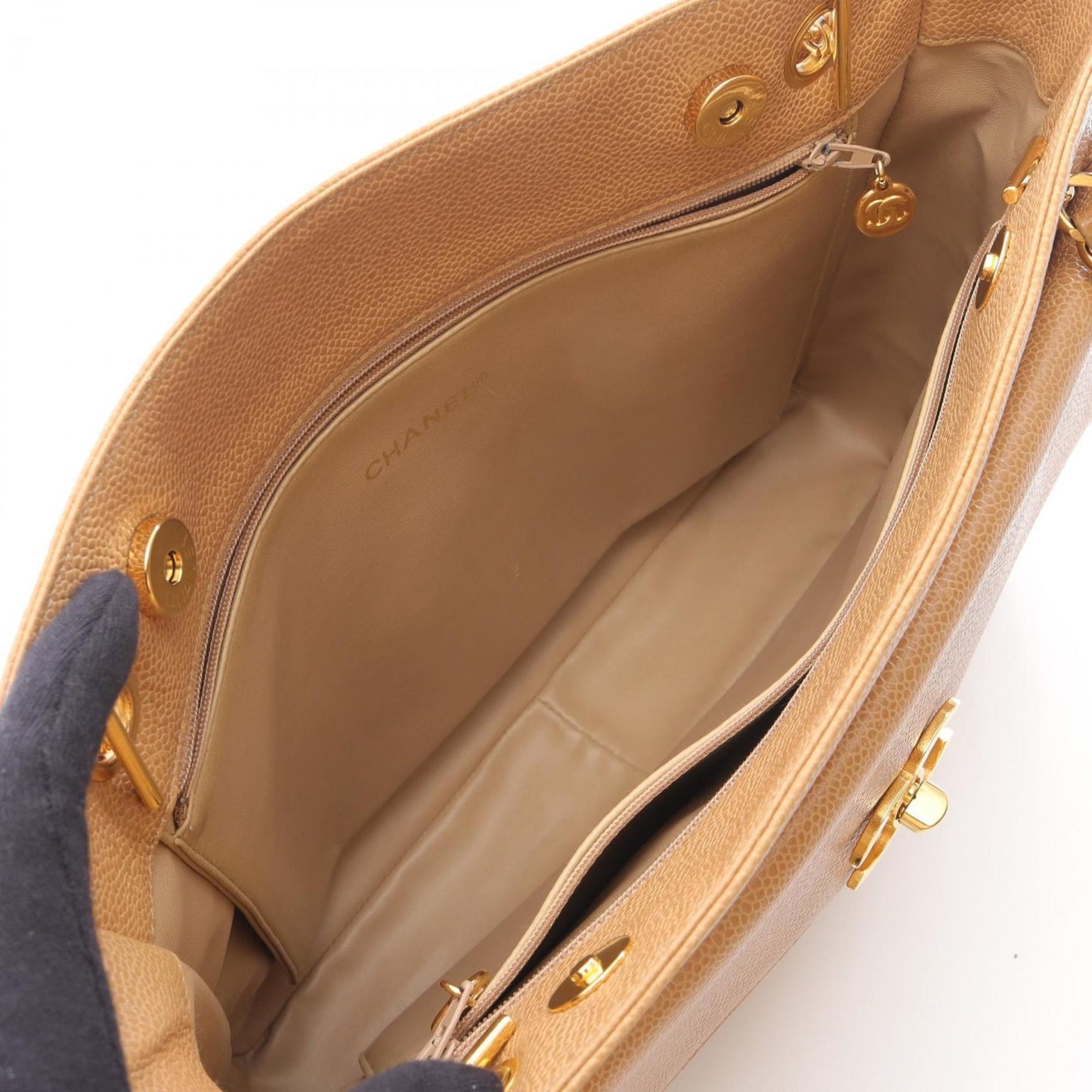 CHANEL Coco Mark Tote Bag in Grained Calf Leather, Beige