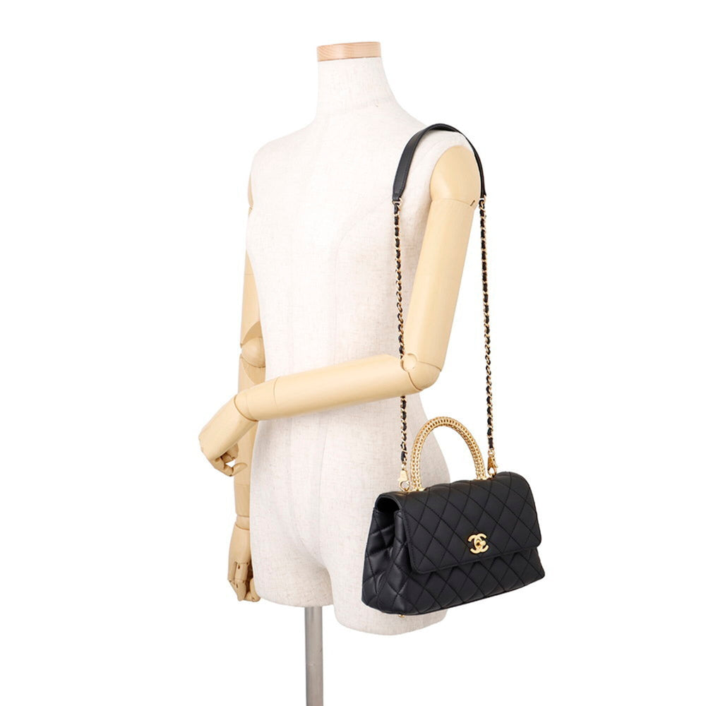 Chanel Matelassé handbag, Coco Mark, Handle, Lambskin, A92990, CHANEL 2-way shoulder bag, Black, handbag for women — Like New
