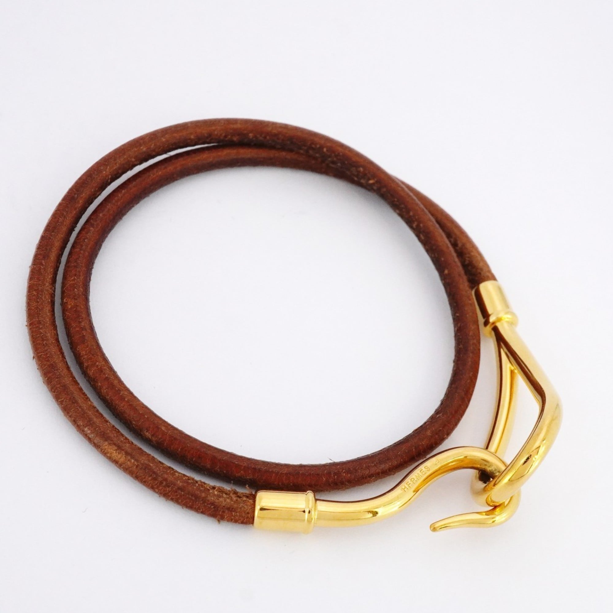 Hermes Jumbo Hook Bracelet, GP Plated Leather, Gold, Brown, Women's