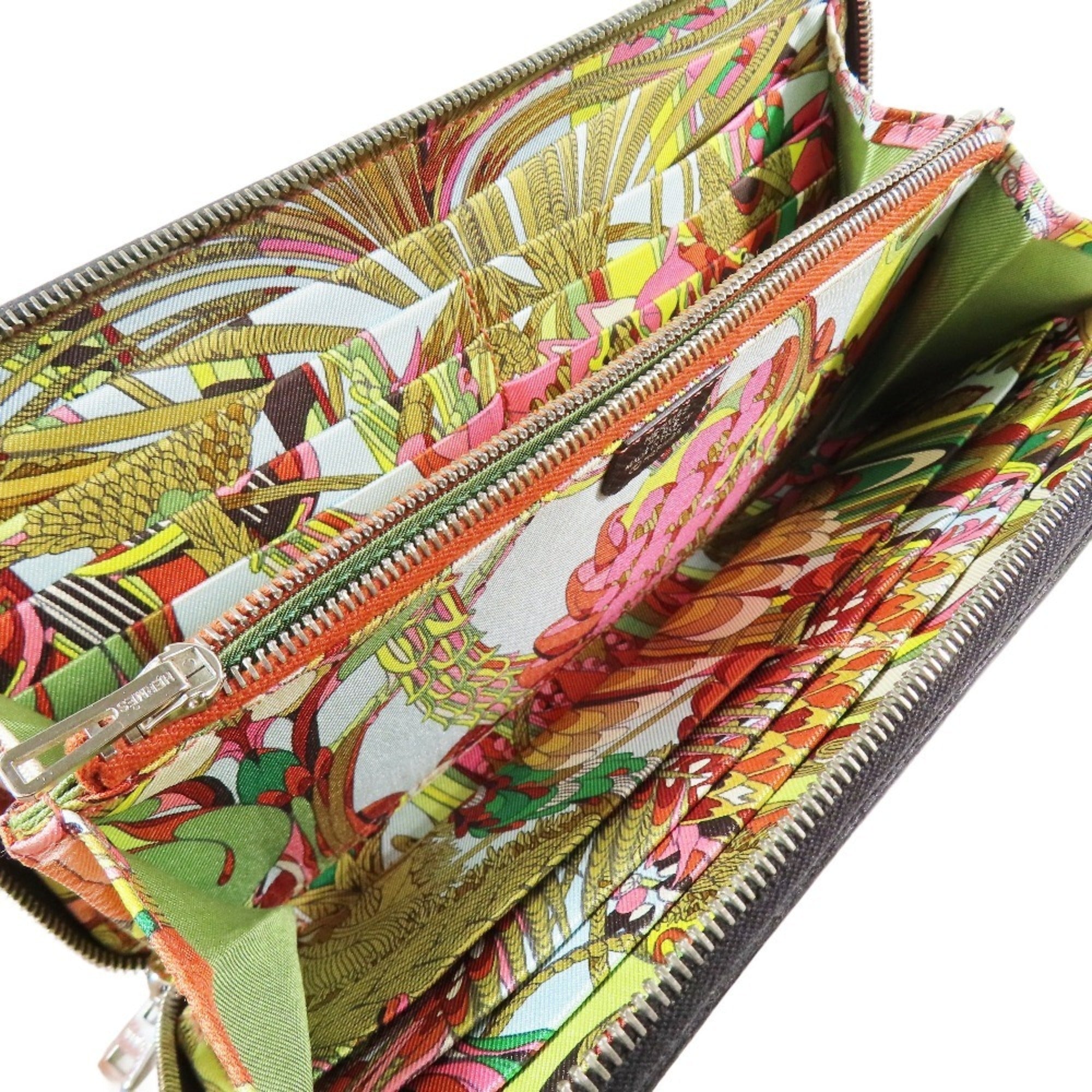 HERMES AZAP Silk-in Long Wallet with Round Zipper, "Fantastic Flora" Scarf Design, Leather, Black, for Men and Women