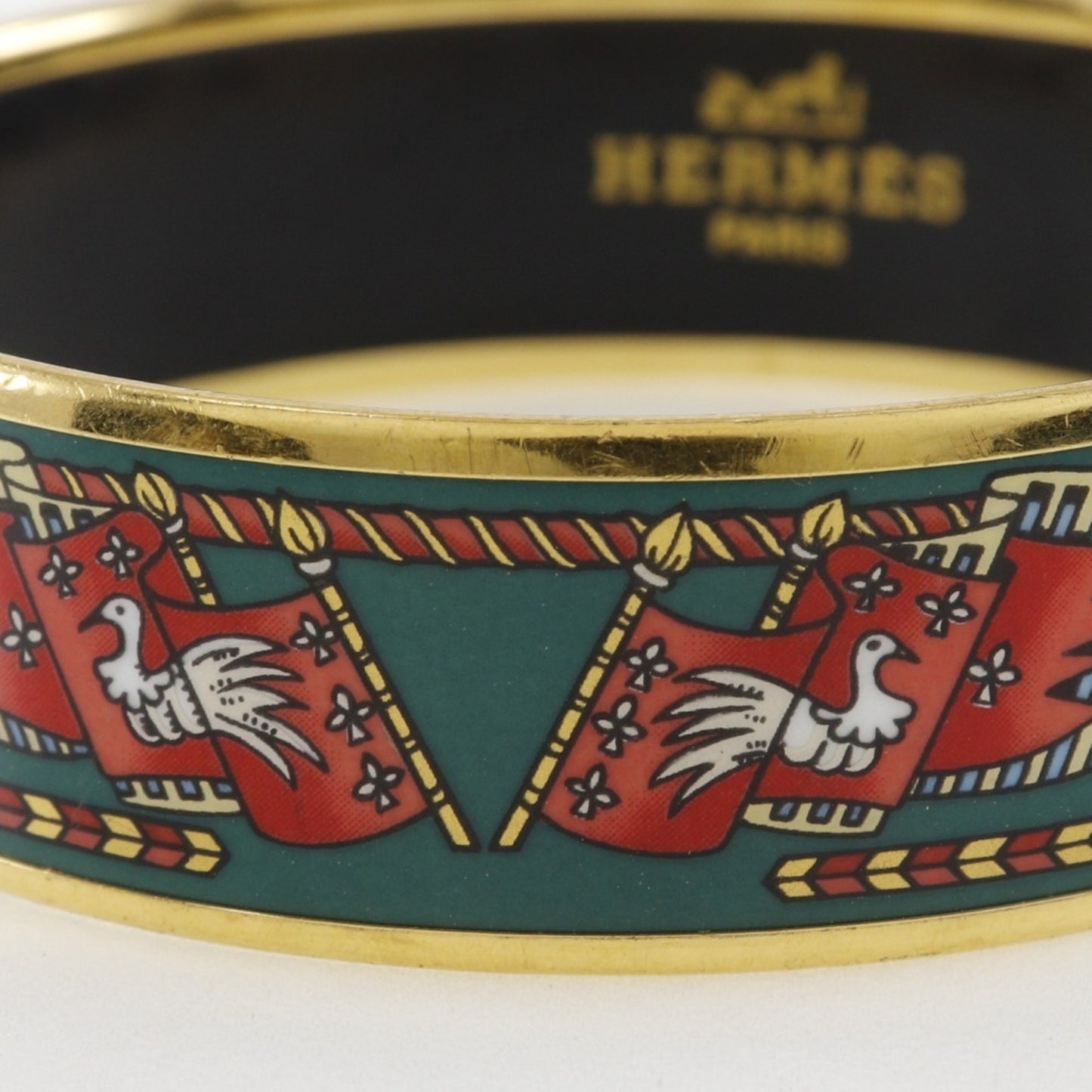 Hermes HERMES Email GM Bangle Flag & Bird Cloisonne Gold Plated Made in Austria Green Approx. 35g EmailGM Women's