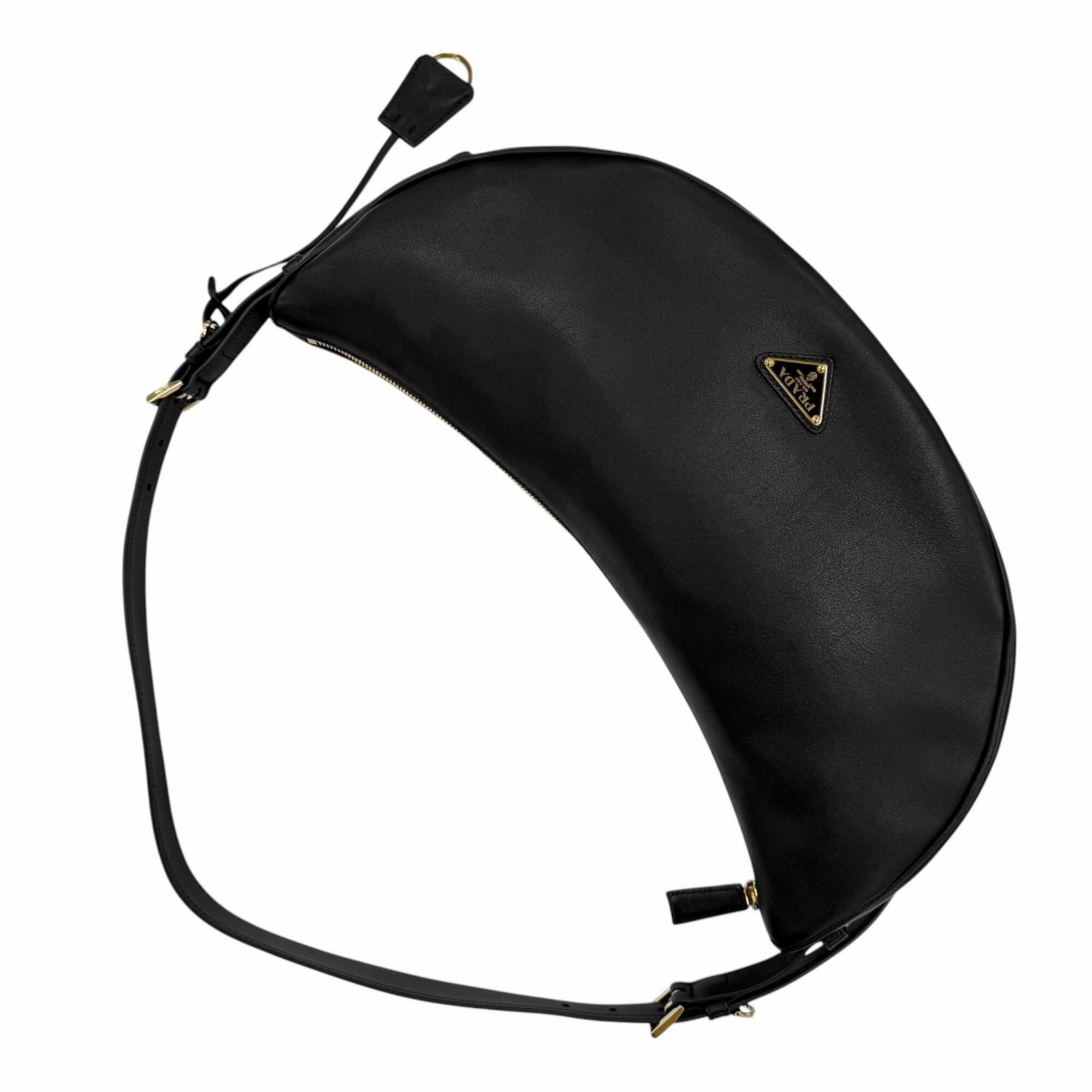 PRADA 1BC255 Demi-Lune Triangle Logo Leather Shoulder Bag, Black, Made in Italy, Women's, with Dust Bag — Like New