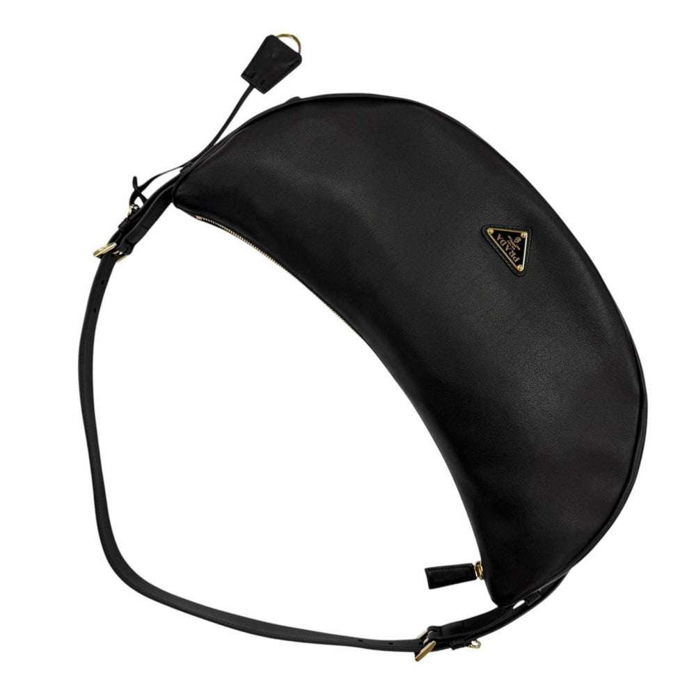 PRADA 1BC255 Demi-Lune Triangle Logo Leather Shoulder Bag, Black, Made in Italy, Women's, with Dust Bag — Like New