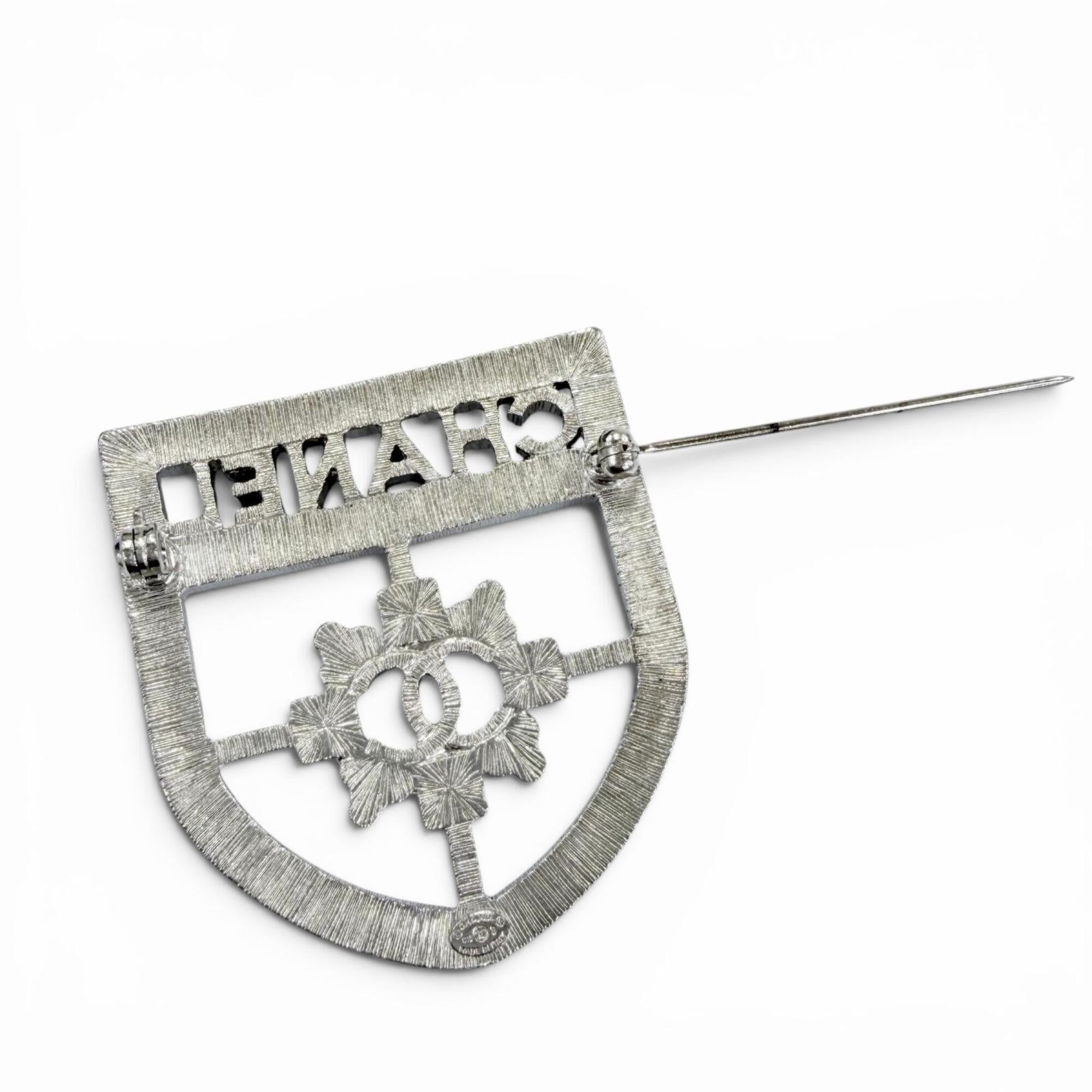 CHANEL B15B Emblem Logo Coco Mark Rhinestone Brooch, Silver, Made in Italy, Women's, with Box — Like New