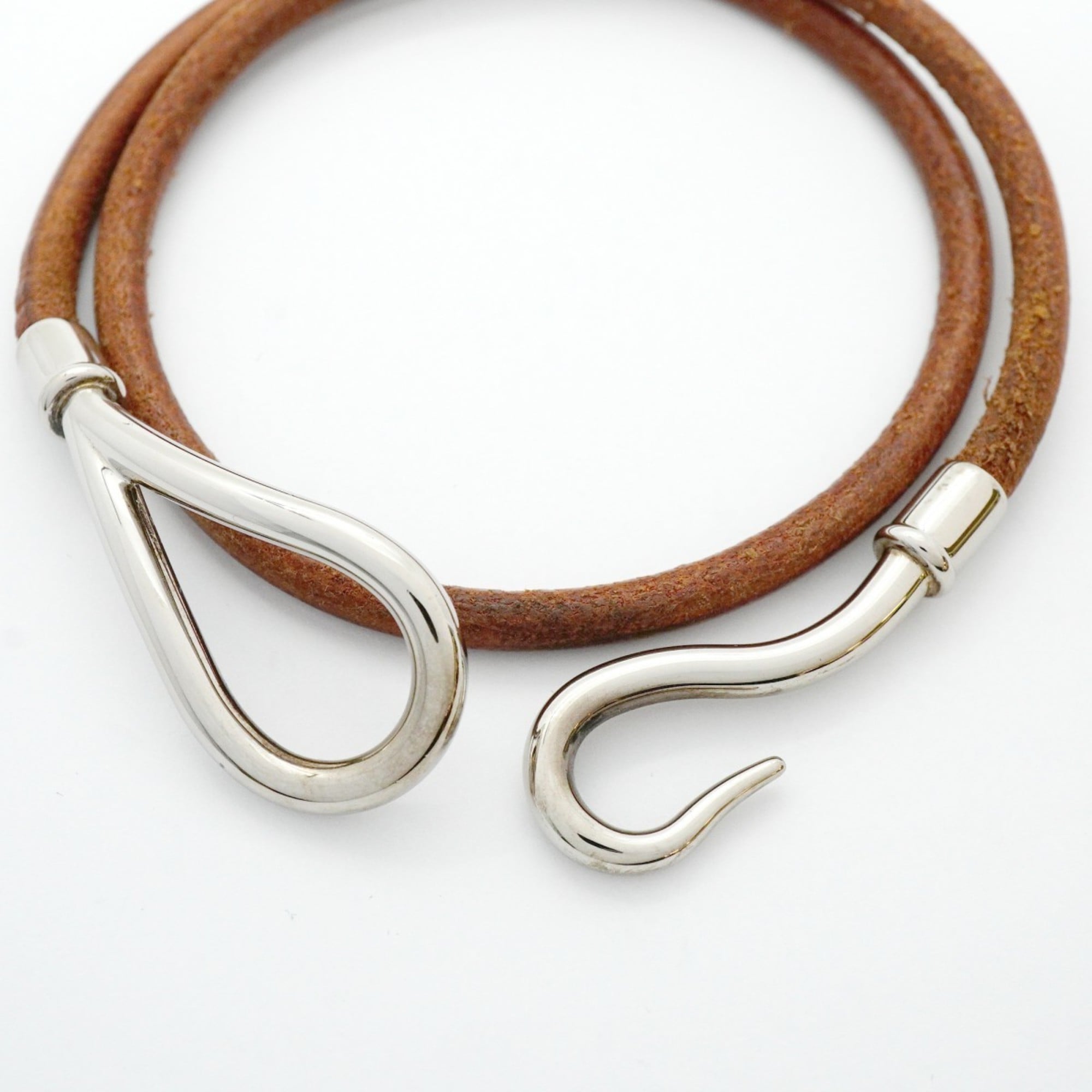 Hermes Jumbo Hook Bracelet, Metal, Leather, Silver, Brown, Women's