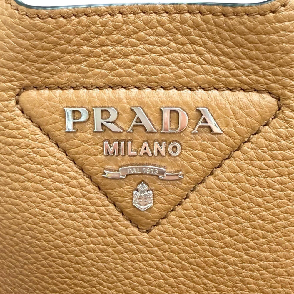PRADA 1BA349 Mini Handbag, Leather, Metal Lettering Logo, Caramel Brown, Made in Italy, Women's, Very Popular, Highly Recommended ◎ — Like New