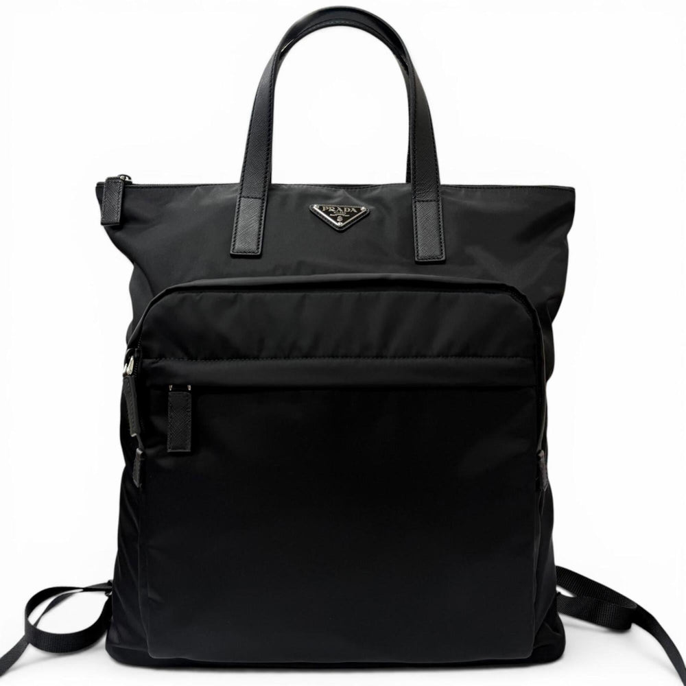 PRADA 2VG098 Triangle Logo Saffiano Leather Re-Nylon 2-Way Backpack Tote Bag Black Made in Italy Men's with Dust — Like New