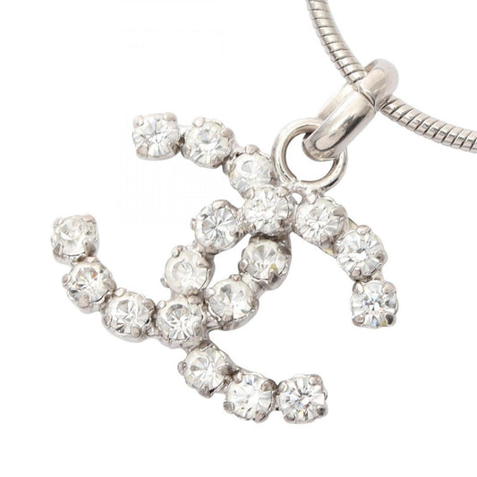 Chanel Coco Mark Necklace, Stainless Steel with Rhinestones, Women's, Silver and Clear, OOA