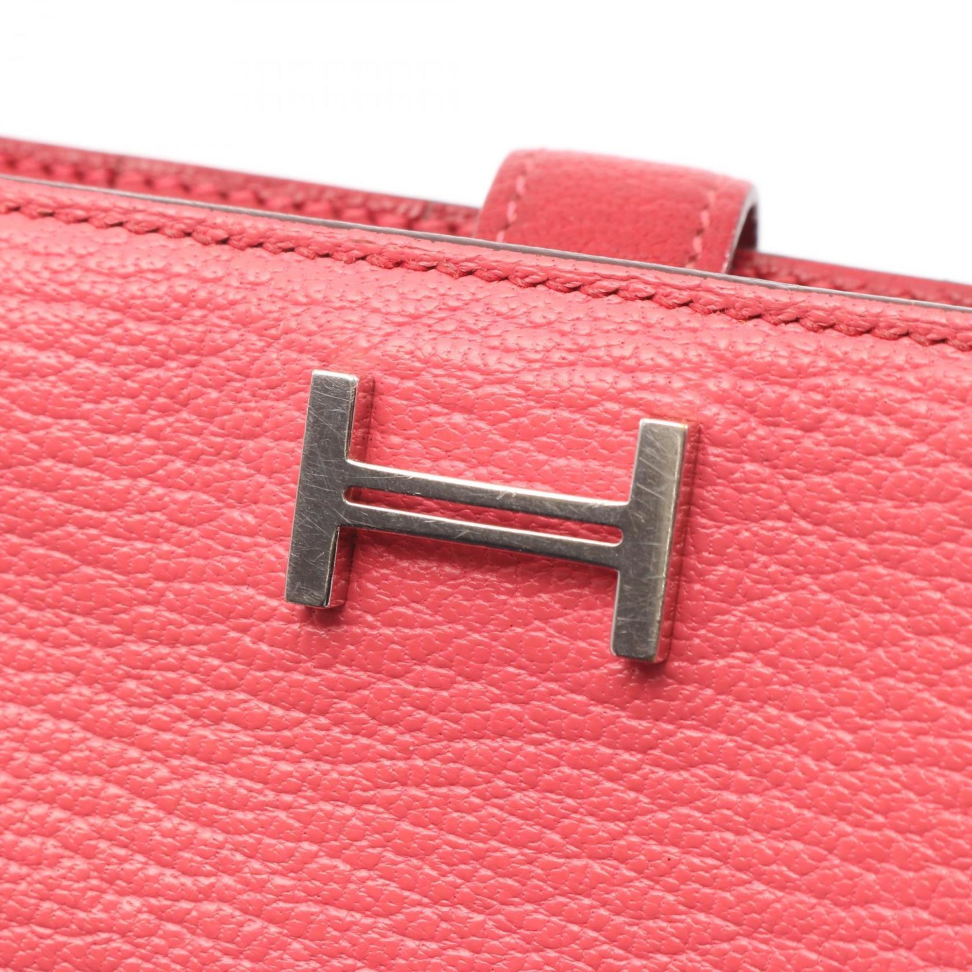 Hermes Hermès Bearn Soufflet bifold long wallet, leather, Chevre, women's, pink and red, Rouge Casac