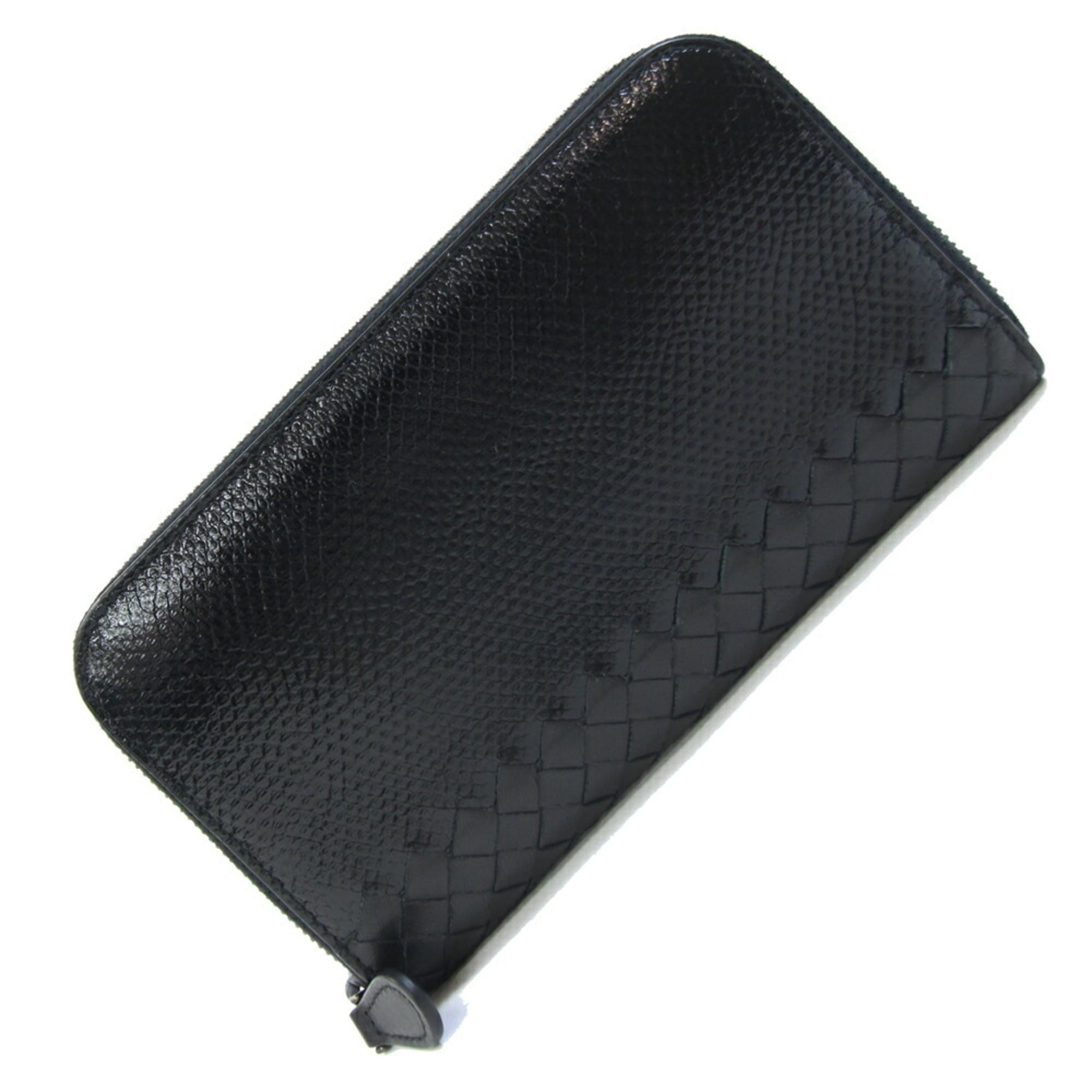 Bottega Veneta Intrecciato Round Long Wallet 114076 in Black Shiny Karung Leather with Zip and Sea Snake Pattern for Men Women