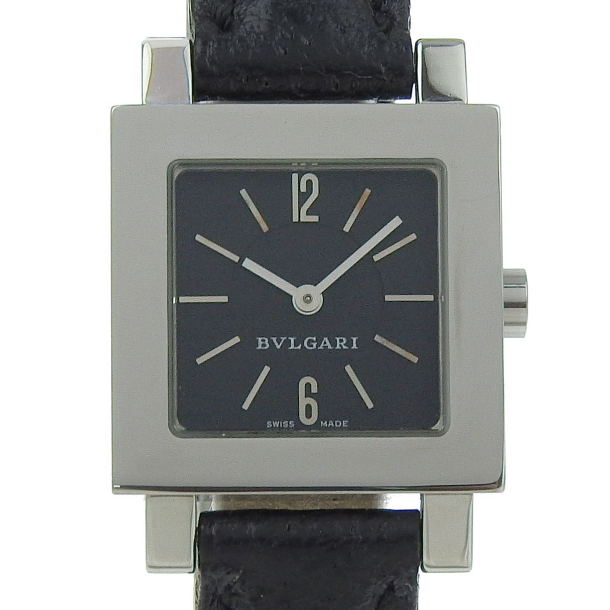 BVLGARI Quadrado SQ22SL Women's Watch, Stainless Steel and Leather, Quartz Movement, Analog Display, Black Dial — Good