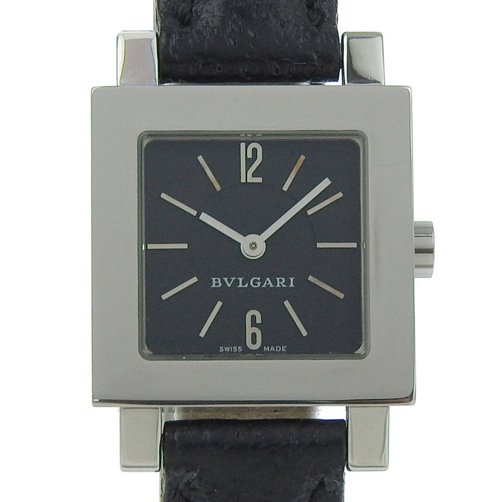 BVLGARI Quadrado SQ22SL Women's Watch, Stainless Steel and Leather, Quartz Movement, Analog Display, Black Dial — Good