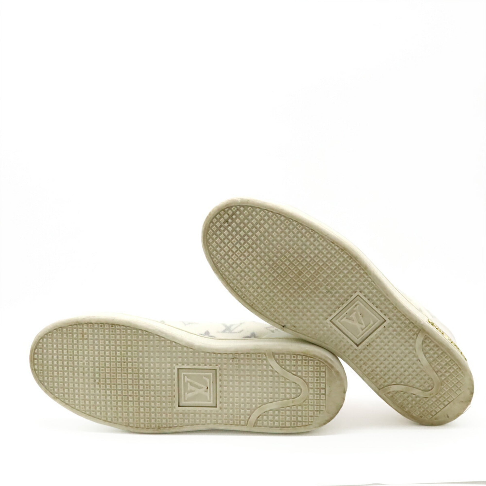 LOUIS VUITTON Front Row Line Sneakers, Monogram Fabric, White and Orange, #37 1/2, Japanese Size: Approx. 24cm