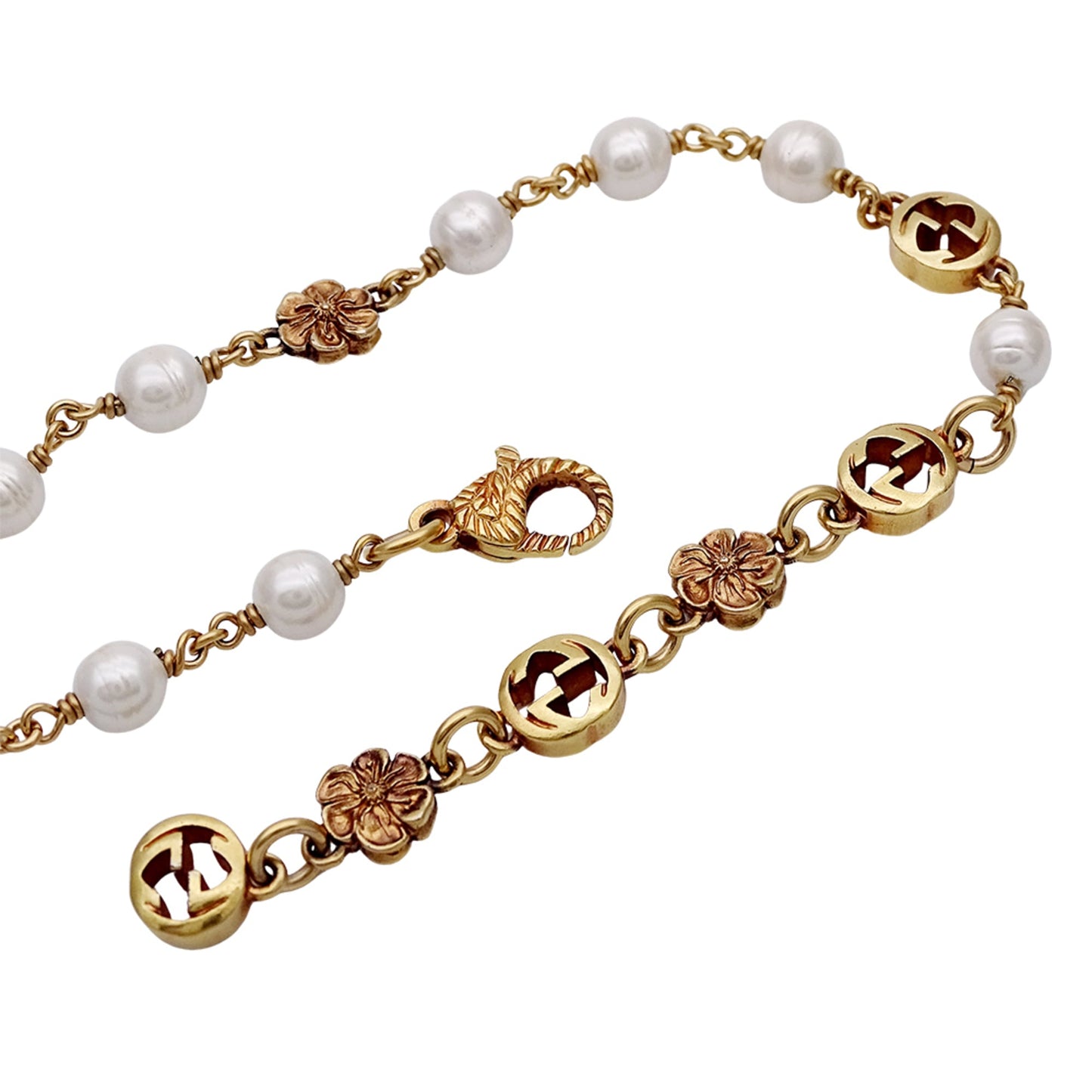 Gucci Women's Interlocking G Necklace with Faux Pearls and Gold Flowers