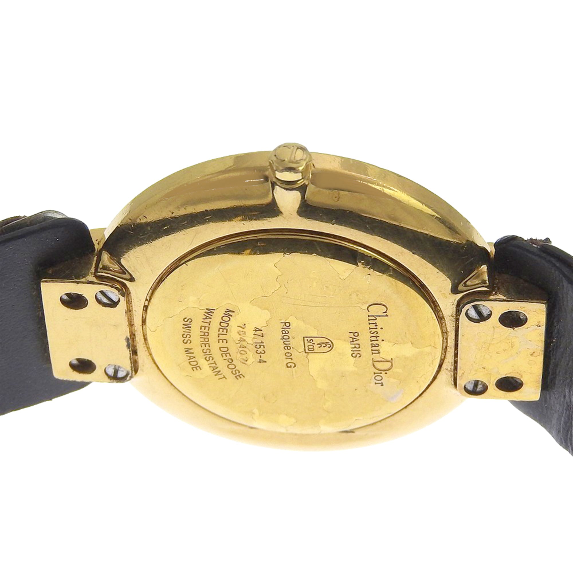 Christian Dior Bakira Watch 47.153-4 Gold Plated x Leather Strap Quartz Analog Black Dial Women's — Good