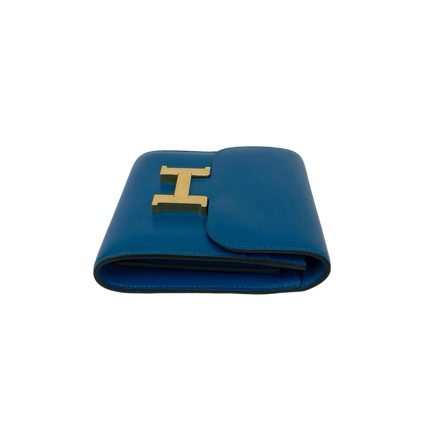 A stamped HERMES Constance Compact Calf Leather Bi-fold Wallet Blue 28793