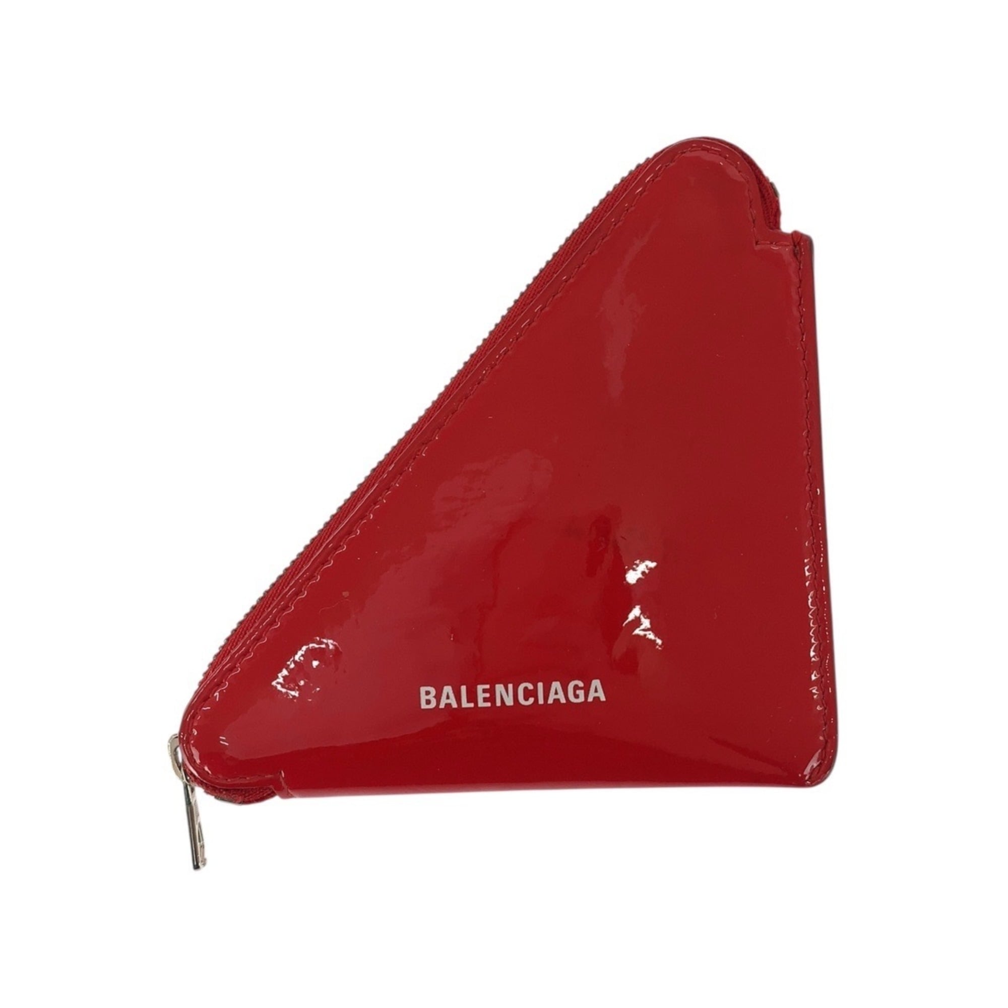 BALENCIAGA Triangle Coin Purse, Red, White, Silver Hardware, Patent Leather, 552818, Women's