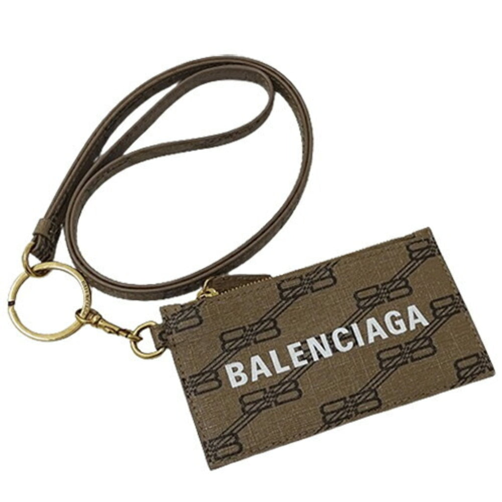 BALENCIAGA Wallet for Women and Men Signature Fragment Case Coin Card Coated Canvas Light Brown 594548 with Neck Strap