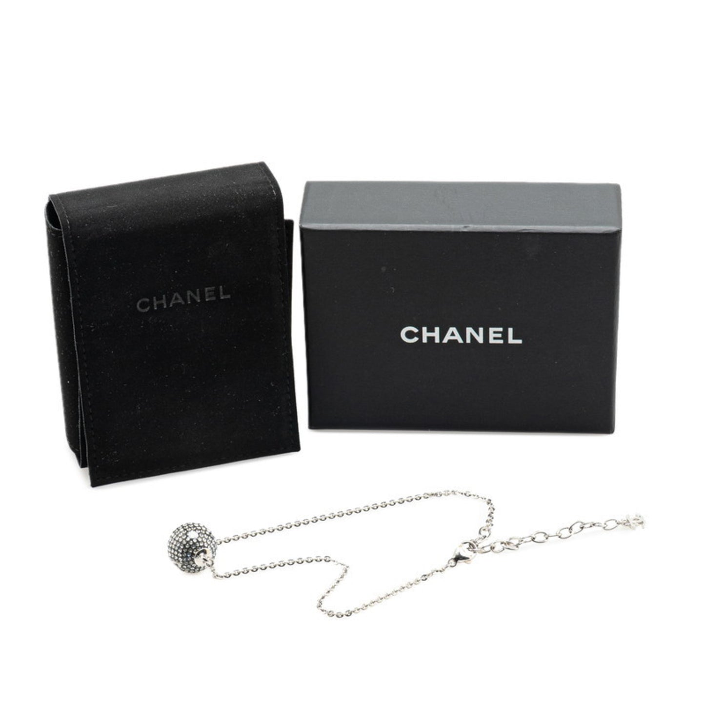 Chanel Coco Mark Mirror Ball Necklace Silver Black Metal Women's CHANEL