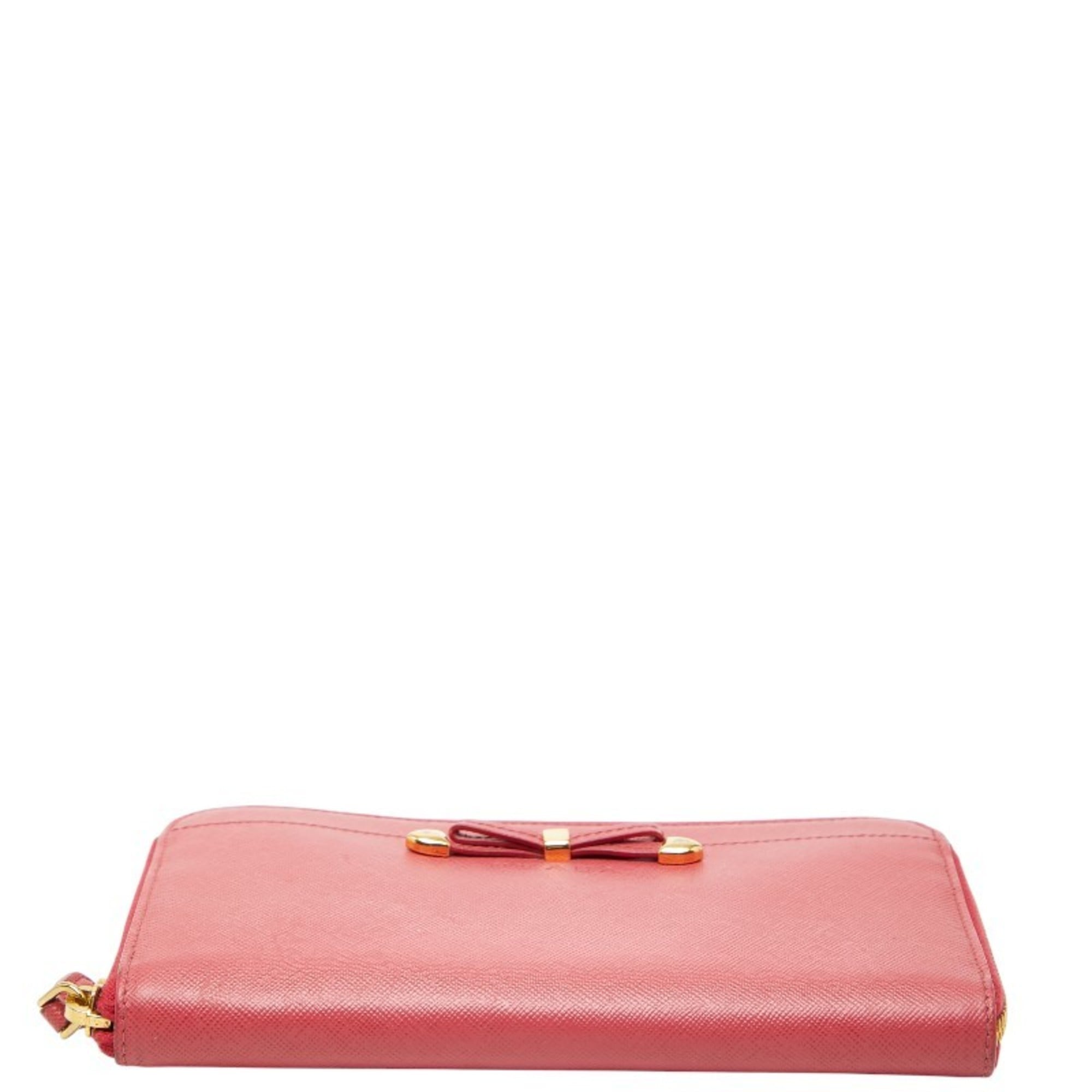 Prada Ribbon Round Zip Long Wallet in Pink Saffiano Leather for Women