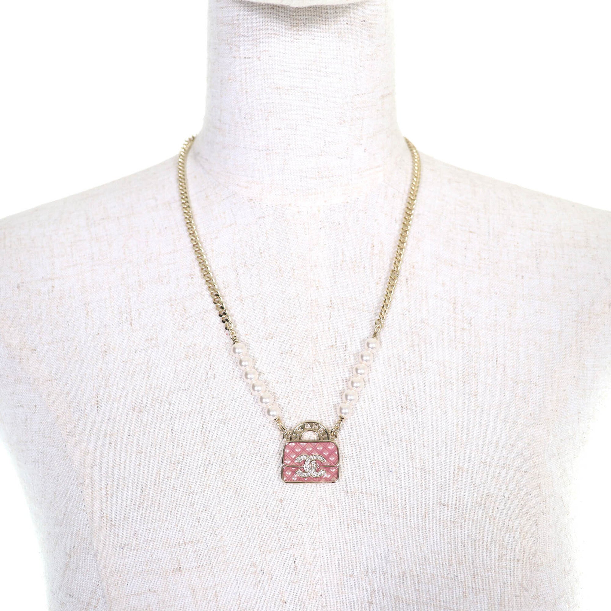 CHANEL (Chanel) 2024 Model B24S ABD331 B16656 Coco Mark Rhinestone Matelassé Bag Motif Faux Pearl Logo Necklace Champagne Gold Pink Comes with Box Made in Italy Women's — Like New