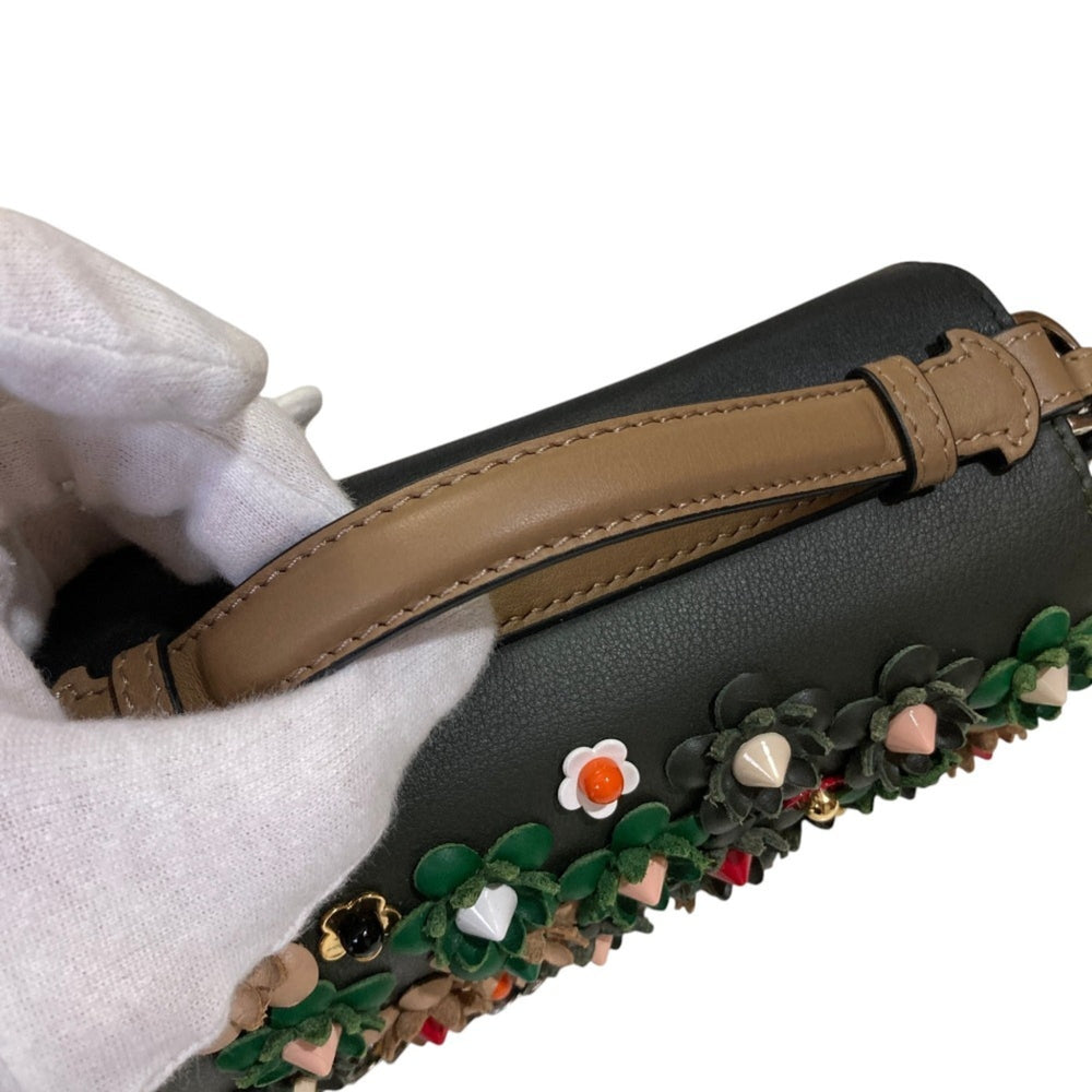 FENDI Fendi Applique Stud Flowerland Micro Double Bucket Chain Shoulder Bag Khaki Women's — Like New