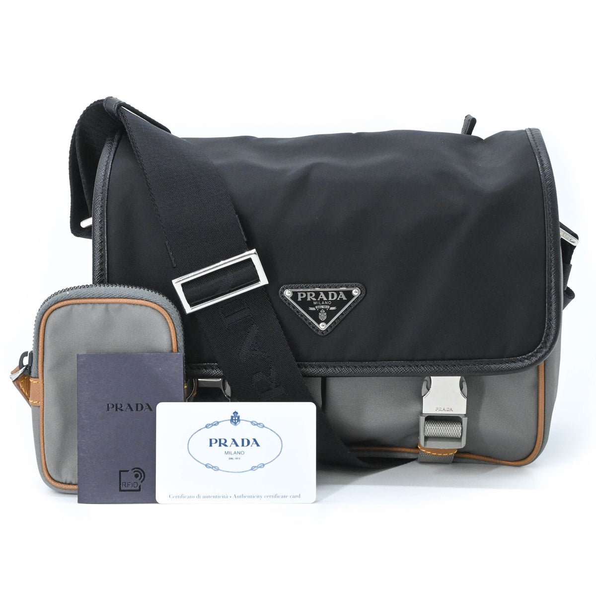 PRADA Tessuto Re-Nylon Triangle Shoulder Bag, Black, Gray, Brown, 2VD769 — New - Store Return