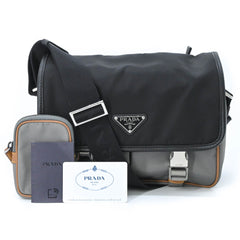 PRADA Tessuto Re-Nylon Triangle Shoulder Bag, Black, Gray, Brown, 2VD769 — New - Store Return
