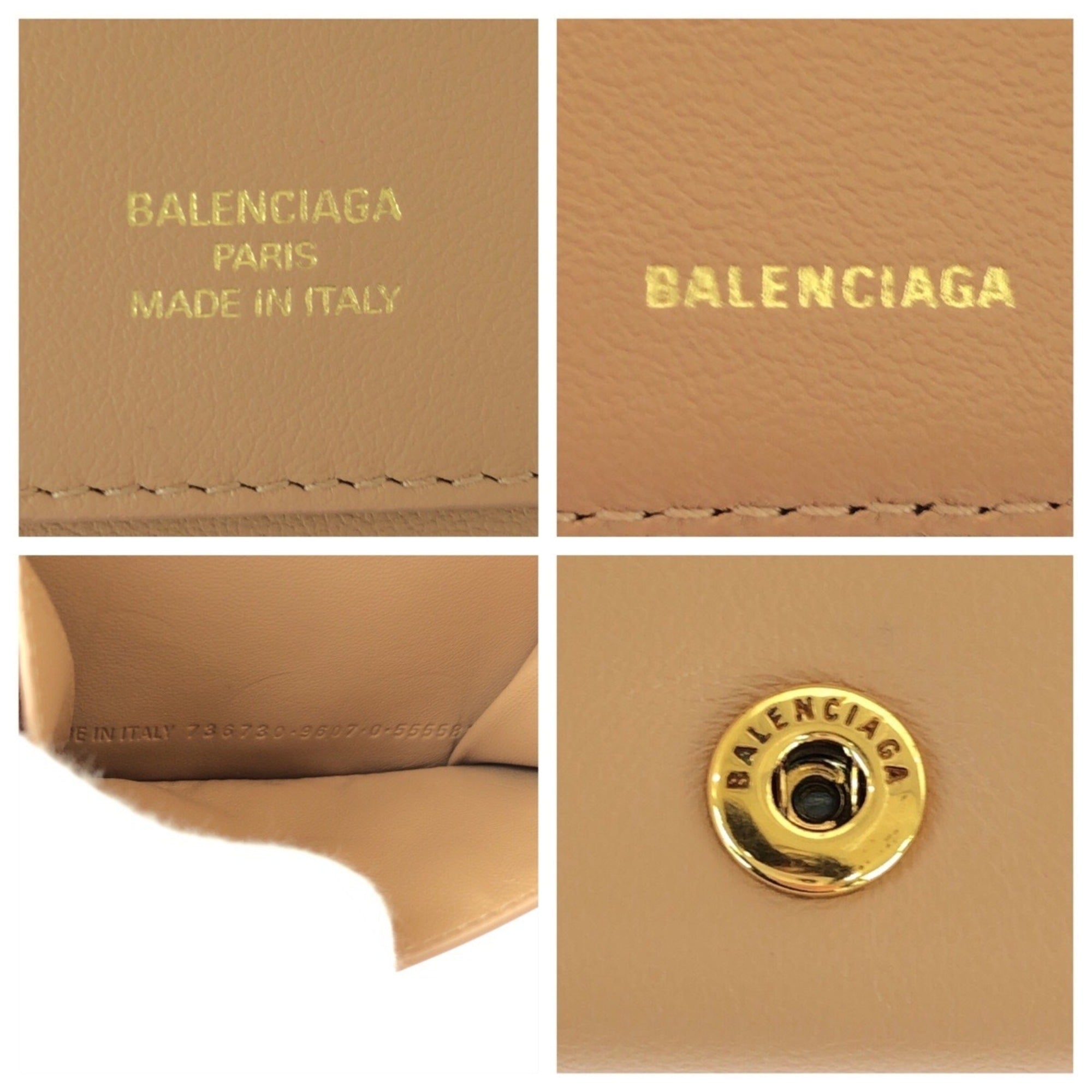 BALENCIAGA Beige Gold Hardware Leather Compact Wallet 73630 9607 O 555583 Women's