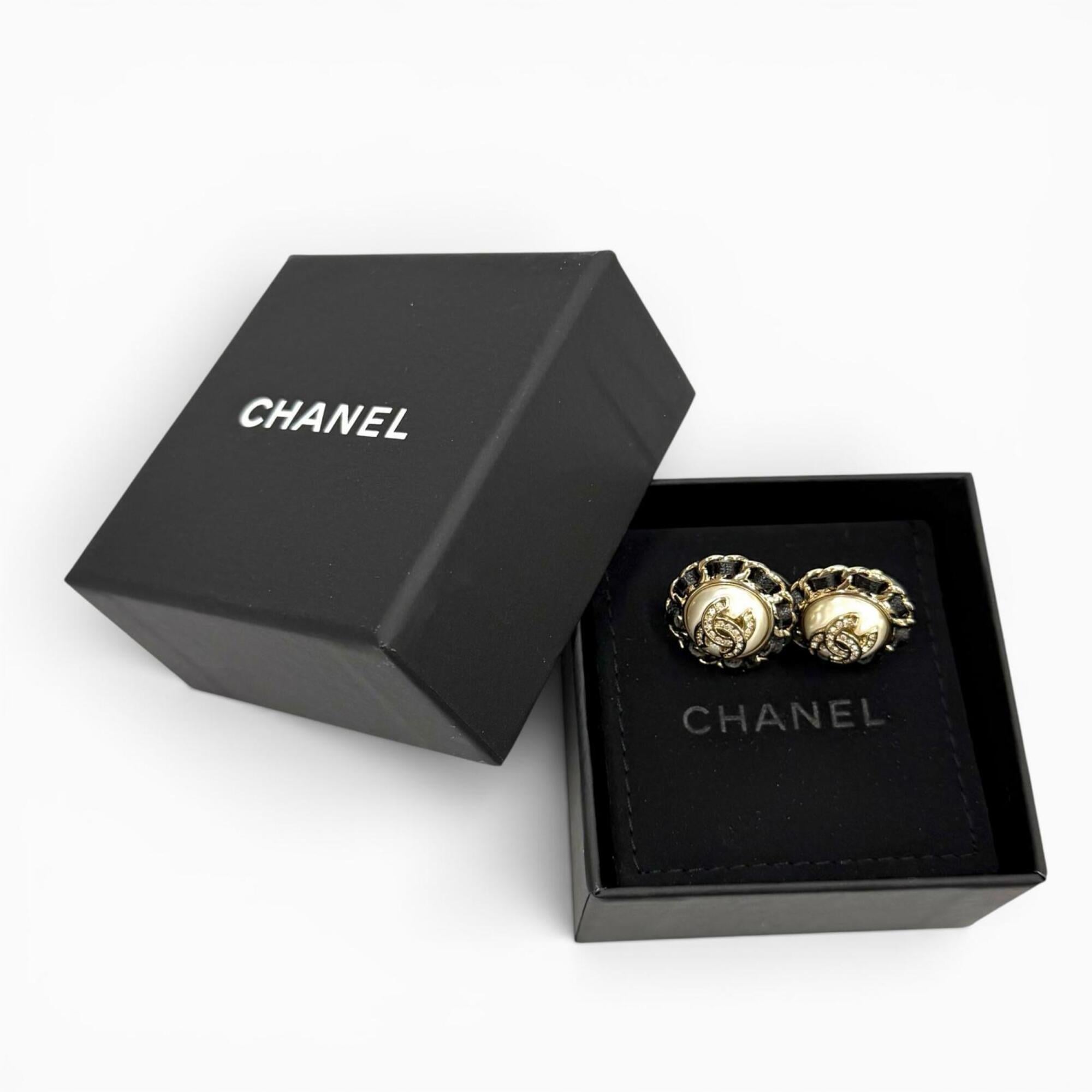 CHANEL B25 Coco Mark Crystal Leather Trim Pearl Earrings, White, Black, Gold Hardware, Made in France, Women's, with Box and Dust Bag — Like New